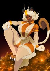 Rule 34 | 1girl, animal ears, animal hands, breasts, cat ears, cat girl, cat paws, cat tail, cosplay, creatures (company), dark-skinned female, dark skin, female focus, game freak, gen 1 pokemon, gold, highres, humanization, large breasts, meowth, meowth (cosplay), nintendo, personification, pokemon, pokemon (creature), solo, tail, tovio rogers, treasure, white hair, yellow eyes