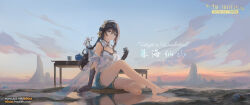 Rule 34 | 1girl, barefoot, black gloves, black hair, blue eyes, blue shorts, blue sky, cloud, cup, elbow gloves, evening, flower, gloves, gradient sky, hair flower, hair ornament, highres, holding, holding cup, honkai: star rail, honkai (series), looking at viewer, on ground, orange sky, outdoors, plant, potted plant, puddle, reflection, reflective water, ruan mei (honkai: star rail), shirt, shorts, sky, solo, table, water, wboss, white shirt