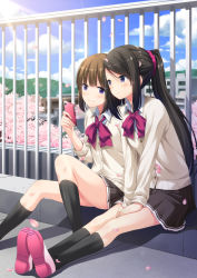 Rule 34 | 2girls, black hair, black legwear, blouse, blush, bob cut, brown hair, building, buttons, cardigan, cellphone, cherry blossoms, cloud, cloudy sky, day, eyebrows, hair ornament, hair scrunchie, hands on thighs, highres, hill, holding, holding phone, legs together, light smile, long hair, long sleeves, multiple girls, original, outdoors, parted bangs, phone, pink footwear, pleated skirt, ponytail, purple eyes, railing, rooftop, school uniform, scrunchie, shirt, shoes, sidelocks, sitting, skirt, sky, smile, sun, tree, white shirt, yoruda