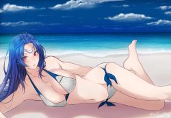 Rule 34 | 1girl, bare shoulders, beach, bikini, blue hair, blue sky, breasts, cleavage, cloud, collarbone, commentary, day, forehead tattoo, halterneck, highres, kos-mos, kos-mos ver. 3, large breasts, long hair, lying, navel, ocean, on side, outdoors, parted lips, red eyes, sand, side-tie bottom, sideboob, sky, solo, swimsuit, tusia, water, waves, white bikini, xenosaga, xenosaga episode ii