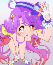 Rule 34 | 1girl, ahoge, breasts, clothing cutout, collarbone, cure coral, fingerless gloves, fuooooo, gloves, hair ornament, hat, heart, heart cutout, highres, looking at viewer, low twintails, multicolored hair, nail polish, nipples, nude, open mouth, pink nails, precure, purple hair, shoes, simple background, small breasts, socks, solo, suzumura sango, tropical-rouge! precure, twintails, yellow eyes