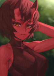 Rule 34 | 1girl, bare arms, bare shoulders, blurry, blurry background, breasts, brown hair, closed mouth, colored skin, depth of field, green background, hand up, horns, kidouko (zakusi), looking at viewer, medium breasts, oni, oni horns, orange eyes, original, red oni, red skin, short hair, solo, upper body, zakusi