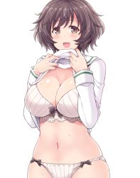 Rule 34 | 10s, 1girl, :d, akiyama yukari, amane hasuhito, bad id, bad pixiv id, blush, bow, bow bra, bow panties, bra, breasts, brown eyes, brown hair, cleavage, clothes lift, commentary request, cowboy shot, girls und panzer, large breasts, lifted by self, looking at viewer, navel, no pants, open mouth, panties, shirt lift, short hair, simple background, smile, solo, sweat, underwear, white background, white bra, white panties