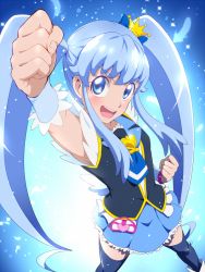 Rule 34 | 10s, 1girl, blue background, blue eyes, blue hair, blue skirt, blue theme, blue thighhighs, blush, boots, brooch, clenched hands, crown, cure princess, eyelashes, foreshortening, hair ornament, hair ribbon, happinesscharge precure!, happy, heart, heart brooch, jewelry, long hair, looking at viewer, magical girl, matching hair/eyes, open mouth, precure, raised fist, ribbon, shirayuki hime, shirt, skirt, solo, thighhighs, thighs, tj-type1, twintails, wrist cuffs, zettai ryouiki