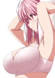 Rule 34 | 1girl, arms up, bare arms, bare shoulders, blush, bra, breasts, commentary request, floral print, from side, hair between eyes, highres, large breasts, no headwear, nori tamago, parted lips, pink bra, pink hair, red eyes, saigyouji yuyuko, short hair, simple background, solo, sweat, touhou, towel, towel on head, underwear, underwear only, upper body, white background