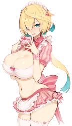 Rule 34 | 1girl, :d, apron, aqua eyes, aqua hair, blonde hair, blush, bow, box, breasts, cleavage, collared shirt, commentary request, cowboy shot, crop top, frilled apron, frilled skirt, frills, gift, gift box, greatmosu, hands up, heart-shaped box, highres, holding, holding box, inaba gou, large breasts, long hair, looking at viewer, low ponytail, maid, maid apron, maid headdress, microskirt, midriff, miniskirt, multicolored hair, navel, open mouth, pink bow, shirt, short sleeves, simple background, skirt, smile, solo, standing, stomach, striped bow, striped clothes, striped shirt, taut clothes, tenka hyakken, thighhighs, two-tone hair, valentine, very long hair, white apron, white background, white thighhighs, wrist cuffs, zettai ryouiki