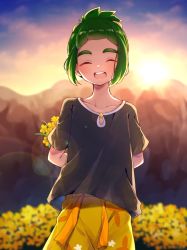 Rule 34 | 1boy, :d, blurry, blush, closed eyes, cloud, commentary request, creatures (company), facing viewer, flower, game freak, green hair, hau (pokemon), highres, kajiki ngtk9, lens flare, male focus, nintendo, open mouth, outdoors, pokemon, pokemon sm, shirt, short hair, short sleeves, shorts, sky, smile, solo, sun, sunset, t-shirt, teeth, tongue, twilight, upper teeth only, yellow flower