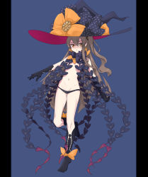 Rule 34 | 1girl, abigail williams (fate), abigail williams (fate) (cosplay), abigail williams (third ascension) (fate), absurdres, black bow, black gloves, black hat, black panties, black socks, blue background, blush, bow, brown eyes, brown hair, cosplay, elbow gloves, fate/grand order, fate (series), girls&#039; frontline, gloves, groin, hair between eyes, hair ornament, hat, highres, kaiven banzhang, kneehighs, long hair, looking at viewer, navel, one side up, orange bow, panties, parted lips, pillarboxed, polka dot, polka dot bow, revealing clothes, scar, scar across eye, scar on face, skull print, socks, solo, topless, ump45 (girls&#039; frontline), underwear, very long hair, witch hat