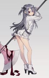 Rule 34 | 1girl, absurdres, ass, bad id, bad pixiv id, bent over, blouse, boots, bottomless, breasts, charolette antoine (hirota tsuu), fang, from side, full body, gradient background, grey background, grey hair, grey theme, grin, hair between eyes, hair ribbon, halberd, high heels, highres, hirota tsuu, kstaisa, long hair, long sleeves, looking at viewer, multicolored eyes, nail polish, original, pointy ears, polearm, purple eyes, red eyes, ribbon, shirt, small breasts, smile, solo, standing, two side up, weapon