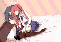 Rule 34 | 10s, 1girl, :&gt;, bad id, bad pixiv id, bed, black hair, black thighhighs, book, collarbone, date a live, doll, closed eyes, highres, itsuka kotori, itsuka shidou, long hair, long sleeves, luoz, pants, pillow, red hair, school uniform, skirt, solo, thighhighs, twintails