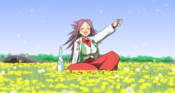Rule 34 | 1girl, blouse, bottle, breasts, closed eyes, cup, day, dress shirt, drunk, field, flower, flower field, hakama, hakama pants, hangar, holding, holding cup, japanese clothes, jun&#039;you (kancolle), kantai collection, large breasts, long hair, magatama, namakura neo, open mouth, outdoors, pants, shirt, sitting, solo, spiked hair, vest