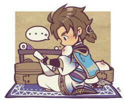 Rule 34 | ..., 1boy, arm support, bamboo steamer, baozi, black eyes, black gloves, blush, border, brown hair, chibi, chibi only, food, food in mouth, from side, full body, gloves, holding, holding scroll, kotorai, male focus, reading, rug, scroll, shin sangoku musou, short hair, signature, sima zhao, sitting, solo, speech bubble, spoken ellipsis, white border