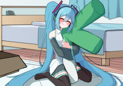 1girl ^_^ alarm_clock bed bedroom black_skirt black_sleeves black_thighhighs blue_hair blush clock closed_eyes closed_mouth commentary detached_sleeves digital_clock food-themed_pillow full_body hair_between_eyes hatsune_miku headset highres hugging_object indoors long_hair long_sleeves miniskirt no_shoes pillow pillow_hug pleated_skirt rug shirt sitting skirt sleeveless sleeveless_shirt smile solo split_mouth spring_onion thighhighs twintails very_long_hair vocaloid wancha2000 wariza white_shirt