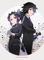 1boy 1girl :3 back-to-back black_gloves black_hair black_jacket black_neckwear black_pants black_shirt blue_eyes butterfly_hair_ornament collared_shirt earrings fingers_together formal_clothes gloves grey_gloves hair_ornament half_gloves hana_(h6n6_matsu) highres jacket jewelry katana kimetsu_no_yaiba kochou_shinobu looking_at_viewer necktie no_pupils pants parted_bangs purple_eyes purple_neckwear sheath sheathed shirt single_earring suit suit_jacket sword tomioka_giyuu weapon