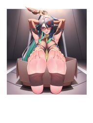 Rule 34 | 1girl, absurdres, anger vein, angry, aqua eyes, armpits, barefoot, black hair, blush, box, breasts, cardboard box, cloud retainer (genshin impact), colored inner hair, earrings, feet, feet up, foot focus, foreshortening, genshin impact, glasses, hair ornament, highres, in box, in container, jewelry, large breasts, legs, long hair, looking at viewer, mimuxiao, multicolored hair, no shoes, open mouth, perspective, presenting foot, red-framed eyewear, semi-rimless eyewear, soles, solo, stirrup legwear, tassel, tassel earrings, toeless legwear, toes, two-tone hair, very long hair, xianyun (genshin impact)