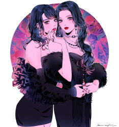 Rule 34 | 2girls, bead choker, bead necklace, beads, black hair, black scarf, blue nails, breasts, cleavage, colored tips, detached sleeves, dress, earrings, fur scarf, hair behind ear, hand on another&#039;s chin, hand on another&#039;s hand, hand on another&#039;s stomach, head tilt, highres, jewelry, lipstick, looking at viewer, makeup, medium breasts, multicolored hair, multiple girls, multiple rings, necklace, original, pink hair, purple eyes, red lips, red nails, ring, scarf, signature, sleeves past wrists, strapless, strapless dress, white background, woga (ogkntk)