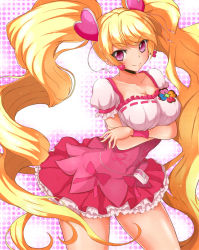 Rule 34 | 00s, 1girl, avy417, bad id, bad pixiv id, blonde hair, breasts, cleavage, cure peach, earrings, fresh precure!, hair ornament, heart, heart hair ornament, jewelry, large breasts, long hair, magical girl, momozono love, no choker, pink eyes, precure, skirt, smile, solo, twintails, very long hair
