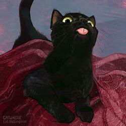 Rule 34 | 2020, absurdres, animal focus, artist name, black cat, black fur, cat, catwheezie, highres, looking at viewer, no humans, original, tail raised, tongue, tongue out, whiskers, yellow eyes