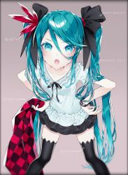 Rule 34 | 1055, 1girl, absurdres, aqua eyes, aqua hair, bed sheet, beige background, black ribbon, black skirt, black thighhighs, bracelet, commentary, diagram, english text, feather hair ornament, feathers, feet out of frame, hair ornament, hair ribbon, hands on own hips, hatsune miku, highres, holding, holding sheet, jewelry, lace, lace-trimmed shirt, lace trim, leaning forward, long hair, looking at viewer, miniskirt, open mouth, pleated skirt, project diva (series), ribbon, shirt, short sleeves, skirt, solo, supreme (module), thighhighs, twintails, v-shaped eyebrows, very long hair, vocaloid, white shirt, world is mine (vocaloid), zettai ryouiki