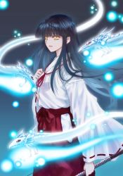 Rule 34 | 1girl, black hair, blunt bangs, bow (weapon), brown eyes, closed mouth, commentary request, hakama, hakama skirt, highres, hitodama, holding, holding bow (weapon), holding weapon, inuyasha, japanese clothes, kikyou (inuyasha), kimono, leoheart, long hair, long sleeves, looking to the side, miko, red hakama, ribbon-trimmed sleeves, ribbon trim, shinidamachuu, skirt, smile, solo, standing, straight hair, traditional youkai, weapon, white kimono, wide sleeves