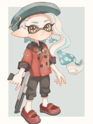 Rule 34 | 1girl, beret, black shorts, blue hair, blue hat, border, closed mouth, commentary request, eyelashes, full body, gradient hair, grey background, gun, hat, highres, holding, holding gun, holding weapon, inkling, inkling girl, inkling player character, lemo (lemo 4), long hair, looking at viewer, multicolored hair, n-zap (splatoon), nintendo, outside border, pointy ears, red footwear, shorts, simple background, solo, splatoon (series), standing, star-shaped pupils, star (symbol), symbol-shaped pupils, tentacle hair, weapon, white border, yellow eyes