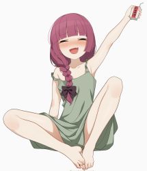 Rule 34 | 1girl, alcohol, arm support, arm up, armpits, barefoot, between toes, blunt bangs, blush, bocchi the rock!, bow, braid, braided ponytail, breasts, carton, closed eyes, commentary, dress, drink, drinking straw, fang, feet, full body, green dress, grey background, hair bow, hair over shoulder, highres, hiroi kikuri, holding, knee up, knees together feet apart, leaning back, legs, purple hair, shadow, short dress, sidelocks, simple background, sitting, skin fang, sleeveless, sleeveless dress, small breasts, solo, strap slip, the cold, toenails, toes