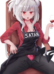 Rule 34 | 1girl, absurdres, alcohol, apron, bad id, bad pixiv id, black apron, blunt bangs, blush, breasts, cleavage, collarbone, commentary, demon girl, demon horns, demon tail, fangs, gloves, hamstarhand, helltaker, highres, holding, horns, long hair, looking at viewer, lucifer (helltaker), medium breasts, mole, mole under eye, open fly, open mouth, panties, pink panties, red eyes, red shirt, shirt, simple background, sitting, solo, tail, teeth, underwear, upper teeth only, white background, white hair, white horns, wine