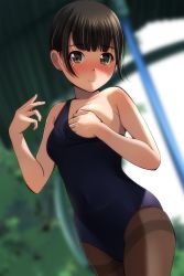 Rule 34 | 1girl, absurdres, bare arms, bare shoulders, black hair, black one-piece swimsuit, blurry, blurry background, blush, breasts, brown eyes, brown pantyhose, collarbone, covered navel, covering privates, covering one breast, cowboy shot, depth of field, female focus, hands up, highres, looking at viewer, matsunaga kouyou, nose blush, one-piece swimsuit, original, pantyhose, pantyhose under swimsuit, short hair, small breasts, solo, standing, swimsuit, thighband pantyhose, window