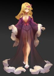 Rule 34 | 1girl, absurdres, adapted costume, black background, black nails, blonde hair, breasts, cleavage, closed mouth, dress, full body, fur trim, hair ribbon, highres, large breasts, long hair, nezo, purple dress, red eyes, red ribbon, ribbon, simple background, smile, solo, standing, touhou, yakumo yukari