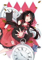 Rule 34 | 1girl, :o, absurdres, alice in wonderland, ass, bad id, bad pixiv id, bare legs, bare shoulders, black hair, bow, breasts, card, cat, cleavage, clock eyes, commentary, commentary request, date a live, detached sleeves, dress, frilled dress, frills, gothic lolita, hair bow, heterochromia, highres, leaf, lolita fashion, long hair, looking at viewer, medium breasts, mo (pixiv9929995), multicolored clothes, multicolored dress, playing card, pocket watch, reaching, reaching towards viewer, red bow, red eyes, roman numeral, see-through, skirt hold, solo, symbol-shaped pupils, tokisaki kurumi, twintails, watch, yellow eyes