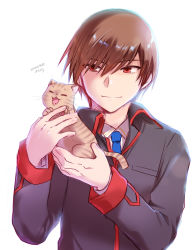 Rule 34 | 1boy, 1other, blue neckwear, brown hair, cat, commentary request, highres, little busters!, long sleeves, male focus, misaki juri, natsume kyousuke, necktie, red eyes, school uniform, short hair, simple background, smile, white background
