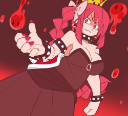 Rule 34 | 1girl, armlet, black collar, black dress, bowsette, bowsette (cosplay), bracelet, braid, braided ponytail, breasts, cleavage, closed mouth, collar, commentary request, cookie (touhou), cosplay, dress, dutch angle, earrings, fingernails, fire, frown, jewelry, large breasts, long hair, looking at viewer, mario (series), nail polish, new super mario bros. u deluxe, nintendo, pink hair, pink nails, red eyes, sasorihime (cookie), scotch (cookie), sharp fingernails, side ponytail, spiked armlet, spiked bracelet, spiked collar, spiked shell, spikes, strapless, strapless dress, super crown, turtle shell, v-shaped eyebrows