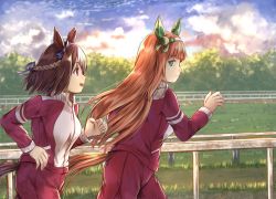 Rule 34 | :d, animal ears, black hair, blue bow, blue ribbon, blush, bow, braid, brown hair, chain-link fence, closed mouth, commentary, ear bow, english commentary, fence, green eyes, hair ribbon, hairband, highres, hikari niji, horse ears, horse girl, horse tail, jacket, long hair, long sleeves, multicolored hair, open mouth, outdoors, pants, profile, purple eyes, railing, red jacket, red pants, ribbon, running, silence suzuka (umamusume), smile, special week (umamusume), sunrise, tail, teeth, track jacket, track pants, track suit, two-tone hair, umamusume, upper teeth only, very long hair, white hair, white hairband
