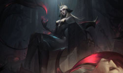 Rule 34 | 1girl, 1other, absurdres, alternate costume, bare shoulders, black skin, blonde hair, boots, breasts, colored skin, corpse, evelynn (league of legends), feet out of frame, from below, grey skin, hair ornament, hand up, highres, knee boots, league of legends, long hair, looking at viewer, medium breasts, sitting, smile, solo, throne, vincent t (oriaarts)