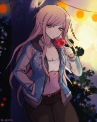 Rule 34 | 1girl, belt, blue jacket, breasts, brown pants, candy apple, collarbone, commentary request, danganronpa (series), danganronpa another episode: ultra despair girls, food, hagakure hiroko, hajime (gitoriokawaii), hand in pocket, hand up, holding, jacket, jewelry, long hair, looking at viewer, multicolored clothes, multicolored jacket, necklace, night, open clothes, outdoors, pants, shirt, solo, tree