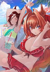 Rule 34 | 2girls, animal ears, arm up, armpits, beach, bikini, blue sky, breasts, brown hair, closed eyes, closed mouth, cloud, cup, daiwa scarlet (trifle vacation) (umamusume), daiwa scarlet (umamusume), day, drinking straw, fang, frilled bikini, frills, hair between eyes, hair over one eye, highres, holding, holding cup, horse ears, horse girl, large breasts, long hair, lying, multicolored hair, multiple girls, nabe puyo, navel, ocean, official alternate costume, on back, outdoors, red bikini, red eyes, red hair, sitting, skin fang, sky, streaked hair, swimsuit, twintails, umamusume, vodka (umamusume), white hair