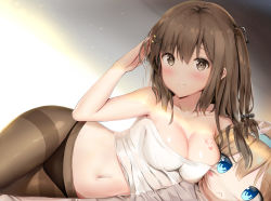Rule 34 | 1girl, bachibachi (tisen), bare arms, bed sheet, black panties, blush, bodypaint, breasts, brown eyes, brown hair, brown pantyhose, character name, character pillow, cleavage, collarbone, girls&#039; frontline, hair ornament, hairclip, hand in own hair, highres, k2 (girls&#039; frontline), light particles, long hair, looking at viewer, lying, medium breasts, navel, hugging object, on side, panties, pantyhose, pillow, pillow hug, sidelocks, smile, solo, stomach, suomi (girls&#039; frontline), thighband pantyhose, topless, underwear