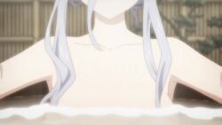 Rule 34 | 1girl, animated, anime screenshot, bags under eyes, blue eyes, braid, breasts, collarbone, date a live, grey hair, hair between eyes, highres, large breasts, looking at viewer, murasame reine, nude, outstretched arms, partially submerged, sidelocks, sound, tagme, video, water