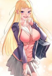 Rule 34 | 1girl, ahoge, bag, blazer, blonde hair, blue nails, blush, breasts, cardigan, cleavage, collarbone, collared shirt, dosanko gal wa namaramenkoi, fuyuki minami, grey skirt, hand to own mouth, highres, ikada kai, jacket, jewelry, large breasts, long hair, long sleeves, looking at viewer, miniskirt, nail polish, necklace, open clothes, open jacket, open mouth, pink background, pink cardigan, pleated skirt, purple eyes, school bag, school uniform, shirt, shoulder bag, simple background, skirt, smile, solo, standing, teeth, upper teeth only, white shirt