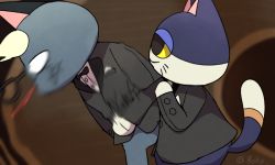 Rule 34 | 2boys, animal crossing, animal ears, artist name, black-framed eyewear, black bow, black bowtie, black eyes, black jacket, blank eyes, blonde hair, blood, blood from mouth, blue fur, blurry, blurry background, body fur, boke-chan, bottomless, bow, bowtie, breast pocket, brown background, buttons, cat boy, cat ears, cat tail, closed mouth, colored sclera, cowboy shot, from side, furry, furry male, glasses, grey fur, half-closed eyes, hand up, indoors, jacket, long sleeves, looking at another, male focus, meme, motion blur, multiple boys, nintendo, pocket, profile, punchy (animal crossing), raymond (animal crossing), shirt, short hair, signature, sketch, slapping, standing, tail, traditional bowtie, twitter username, two-tone fur, whiskers, white eyes, white fur, white shirt, will smith slapping chris rock (meme), yellow sclera