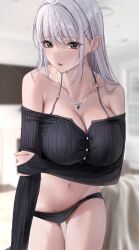 Rule 34 | 1girl, absurdres, bare shoulders, black eyes, black panties, black shirt, blurry, blurry background, blush, breasts, cleavage, collarbone, earrings, grey hair, highres, indoors, jewelry, large breasts, long hair, looking at viewer, mole, mole under eye, navel, necklace, off shoulder, original, panties, parted lips, po ppe, shirt, solo, underwear