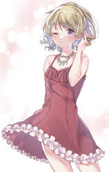 Rule 34 | 168 azusa, 1girl, adjusting hair, bare arms, bare shoulders, blonde hair, breasts, commentary request, dress, feather necklace, gokusai kaibi, highres, jewelry, looking at viewer, multiple necklaces, necklace, one eye closed, pearl necklace, pink dress, pink eyes, short dress, short hair, simple background, small breasts, solo, toaru majutsu no index, twitter username