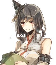 Rule 34 | 10s, 1girl, bare shoulders, black hair, bucket, cannon, chibirisu, expressionless, frown, hair between eyes, hair ornament, hairpin, headgear, kantai collection, machinery, red eyes, repair bucket, simple background, solo, sweat, sweatdrop, tareme, tassel, turret, upper body, wet, white background, yamashiro (kancolle)