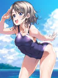 Rule 34 | 10s, 1girl, :d, absurdres, ass, bad proportions, blue eyes, blue one-piece swimsuit, blue sky, breasts, cloud, collarbone, competition swimsuit, covered navel, day, female focus, greyscale, highres, looking at viewer, love live!, love live! sunshine!!, monochrome, mountain, nature, ocean, okita ababa, one-piece swimsuit, open mouth, outdoors, plant, salute, short hair, sky, smile, solo, swimsuit, teeth, watanabe you, wet