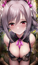 Rule 34 | 1girl, :o, bare shoulders, black bra, black gloves, black panties, blush, bow, bra, breasts, cleavage, detached collar, drill hair, elbow gloves, floral print, foreshortening, garana, gloves, hair bow, highres, idolmaster, idolmaster cinderella girls, kanzaki ranko, large breasts, long hair, looking at viewer, neck ribbon, on ground, open mouth, outdoors, panties, pink bow, pink ribbon, print gloves, red eyes, ribbon, silver hair, sitting, solo, striped bra, striped clothes, twin drills, twintails, underwear, underwear only, vertical-striped bra, vertical-striped clothes, wariza