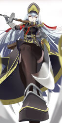 Rule 34 | 1girl, absurdres, altair (re:creators), armband, belt, belt bag, black armband, black coat, black footwear, black hat, breasts, chinese commentary, coat, commentary request, dot nose, from below, gauntlets, gradient background, gun, hair ribbon, hat, high heels, highres, holding, holding gun, holding sword, holding weapon, julius (phxp3248), lion head (ornament), long hair, long skirt, long sleeves, medium breasts, military uniform, multicolored eyes, pointing, pointing at viewer, pointing sword, ppsh-41, re:creators, red armband, red ribbon, ribbon, shako cap, skirt, smile, solo, submachine gun, sword, two-tone armband, uniform, v-shaped eyebrows, very long hair, weapon, white background, white hair, white mouth