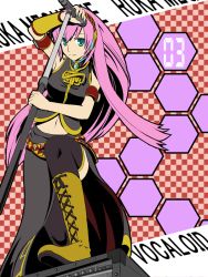 Rule 34 | 1girl, armlet, belt, black skirt, black thighhighs, blue eyes, blush, boots, cross-laced footwear, hexagon, holding, knee boots, long hair, looking at viewer, megurine luka, microphone, navel, pink hair, side slit, skirt, smile, solo, stomach, thighhighs, tsukeyakiba, very long hair, vocaloid