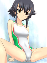 Rule 34 | 10s, 1girl, alternate color, artist request, blush, braid, breasts, competition swimsuit, girls und panzer, highres, one-piece swimsuit, orange eyes, pepperoni (girls und panzer), purple hair, small breasts, spread legs, swimsuit
