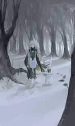 Rule 34 | 1girl, absurdres, aran sweater, arms behind back, bare tree, blue eyes, boots, braid, cable knit, closed mouth, cross-laced vest, day, footprints, forest, full body, green pantyhose, green vest, grey hair, hair tie, highres, knee boots, long hair, looking at viewer, nature, nyansky, original, outdoors, pantyhose, pointy ears, shadow, sidelocks, signature, snow, solo, sweater, swept bangs, tree, twin braids, vest, white footwear, white rabbit (animal), white sweater, winter