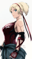 Rule 34 | 1girl, bare shoulders, blonde hair, blue eyes, breasts, closed mouth, clothes around waist, fingerless gloves, gloves, hairband, highres, large breasts, lidia sobieska, looking at viewer, medium breasts, muscular, muscular female, ponytail, red hairband, red tank top, scar, scar across eye, scar on face, short hair, simple background, solo, tank top, tea (nakenashi), tekken, tekken 7, white background